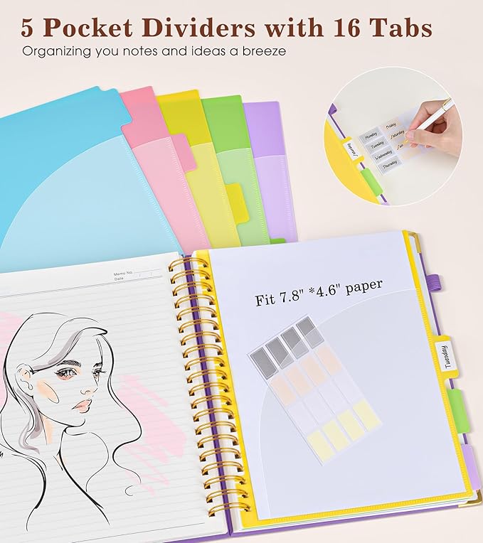 Hardcover Spiral Notebook with Removable Dividers Tabs, 300 pages Leather 5 Subject Notebook College Ruled, 6.2" x 8.2" Journal for Women Men, Small Notebooks for Work School Note taking,A5 Purple