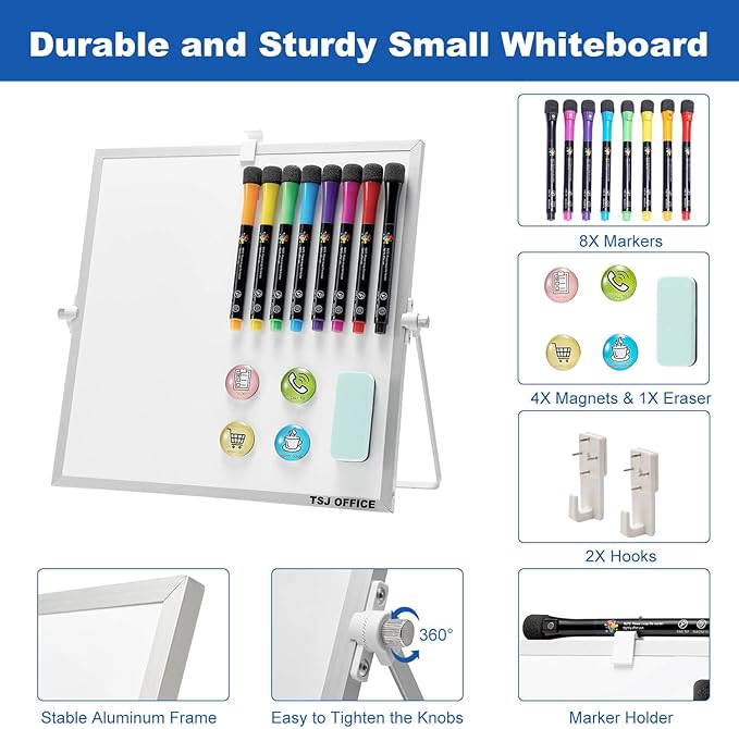TSJ OFFICE Small White Board - 12 X 12 Inches Small Magnetic Dry Erase Board with Hooks for Wall, Desktop Whiteboard Stand 360 Degrees Revolving Double Sided for Office, Home, School, Silver
