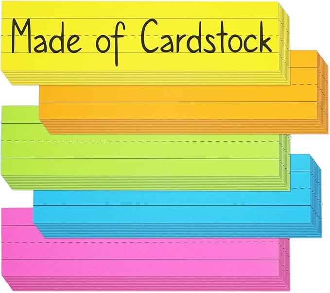 Chell Short Sentence Strips Cardstock 3” x 12”, Colored Ruled Word Learning Strips Nameplates for Teacher Supplies, Pack of 80