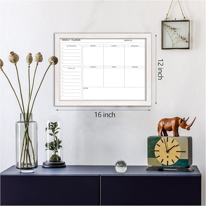 White Board Weekly Calendar Dry Erase Planner for Wall-16"X12",White Solid Wood Frame,Minimal/Modern Design, Magnetic Whiteboard Planner for to Do List, Memo, School, Home, Office, Kitchen