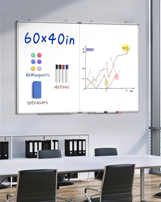 60"X 40" Large Magnetic Dry Erase Whiteboard, Wall Hanging Board with 4 Pens & 1 Dry Erasers & 6 Magnets, Sliver Aluminum Frame White