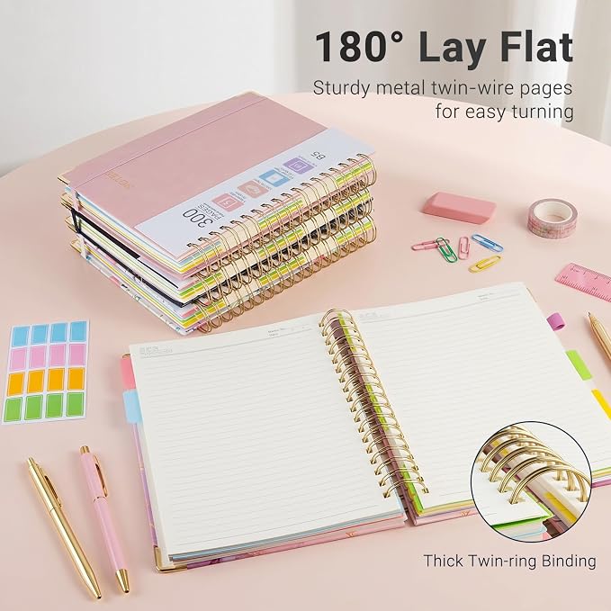 Hardcover Spiral Journal Notebook, 300 Pages 5 Subject Notebook College Ruled with Removable Dividers Tabs, 8" x 10" Notebooks for Work, Spiral Ruled Lined Writing Journal Hardcover Leather Notebook for School (Black Floral, 8''x 10'')