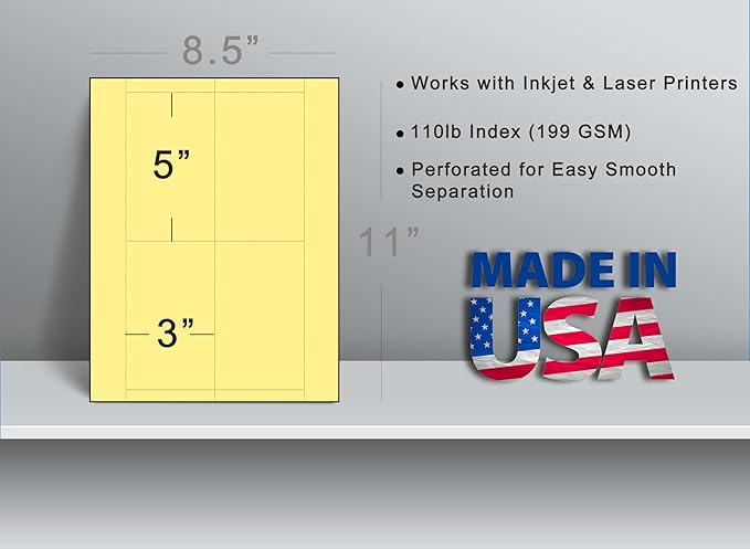Plain Yellow Printable Index Cards 3x5 - Index Card Sheets for Inkjet & Laser Printers - Perforated cards 4 per page - 25 Sheets / 100 Index Cards
