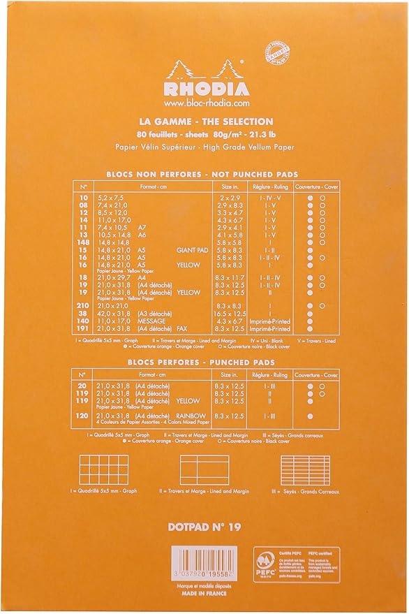 Rhodia Notepad, No19 A4+, Dot - Orange, 8 1/4" x 12 1/2"