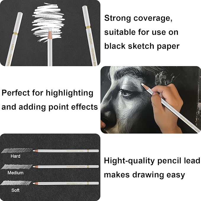 Aenir White Charcoal Pencils, Pack of 12 Charcoal Drawing Pencils, Charcoal Pencils for Artists, Art Supplies for Drawing and Highlighting.