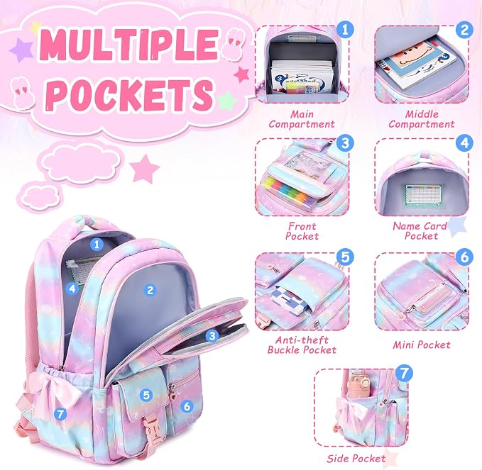 PIG PIG GIRL Kids Backpack for Girls - School Bags for Middle School Students - Book Bag for Elementary Primary - Kawaii Ita Backpack - Pink Planet