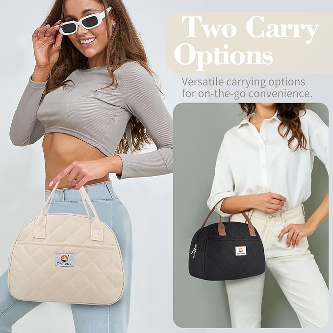 CaCTOUR Lunch Bag Women,Insulated Quilted Lunch Bag, Small Portable Cute Lunch Box,Cooler Bag Reusable Lunch Tote for Work/Travel/Picnic (Beige)