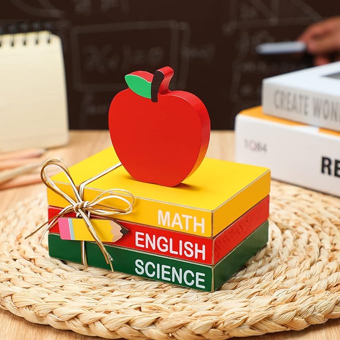 Pinkunn 4 Pcs Back to School Table Decorations, Wooden Apple Centerpiece Stacks Books Block Sign Apple Tiered Tray Decor for First Day of School Tabletop Teachers Gift for Office Classroom Desk Shelf
