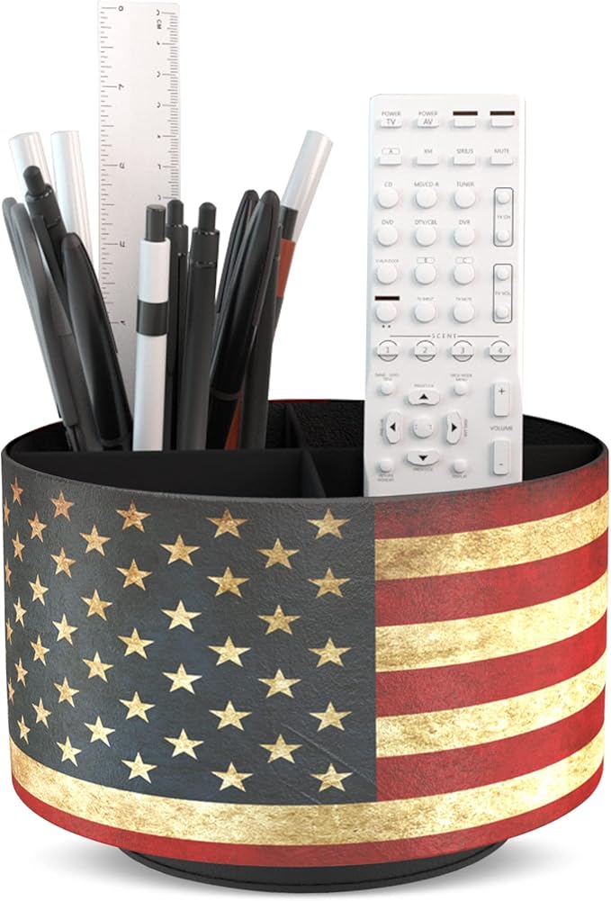Round Leather Art Supply Organizer,Remote Control Holder,360 Degree Rotating,Multi-Functional Pencil Holder,4 Compartments Desktop Stationary Organizer(1-American Flag)
