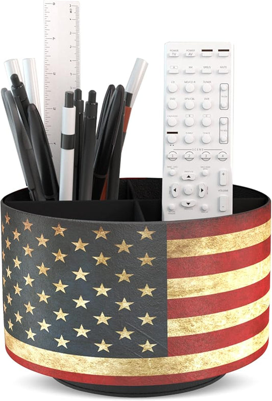 Round Leather Art Supply Organizer,Remote Control Holder,360 Degree Rotating,Multi-Functional Pencil Holder,4 Compartments Desktop Stationary Organizer(1-American Flag)
