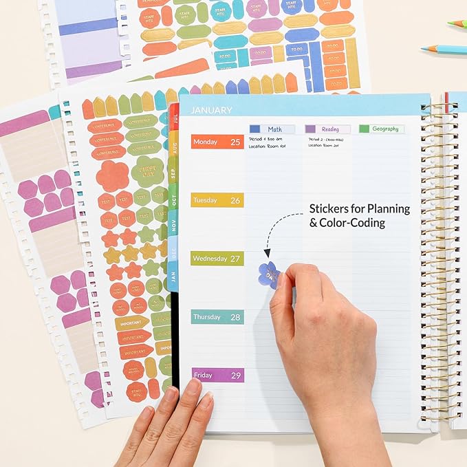 SUNEE Deluxe Teacher Planner 2026-2027, Lesson Planner Book with 7 Periods Jul 2026 - Jun 2027, 8.5" x 11" Daily Weekly and Monthly Organizers with Colorful Tabs, Planning Stickers,120gms Paper, Black