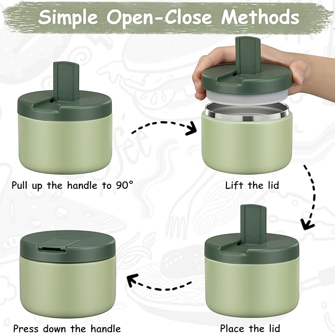 Pawtong 12oz Insulated Vacuum Food Jar with Buckle Lid Wide Mouth Soup Thermo for Hot Food Kids Leakproof Stainless Steel Lunch Container- Green- 1Pack