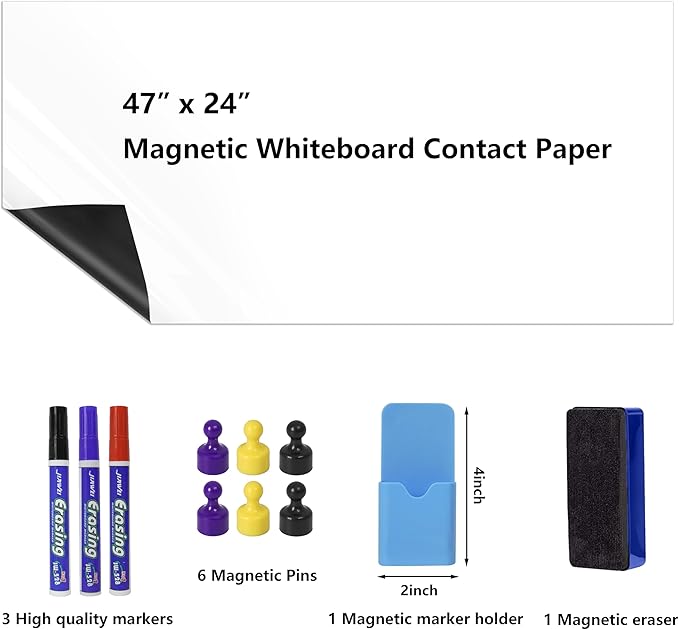 GMEHAR Magnetic Whiteboard Contact Paper, 47” x 24” Adhesive Dry Erase White Board for Wall,Peel and Stick Magnet Wallpaper for Home, Fridge, Kid’s Playroom, Office, Classroom