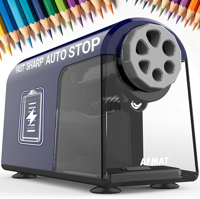 AFMAT Electric Pencil Sharpener for Classroom, 6 Holes, Cordless & Rechargeable, Fast Sharpen, Auto Stop, 10K+ Uses, Heavy Duty Pencil Sharpener for 6-11mm No.2/Large/Colored Pencils PSD2(Blue)