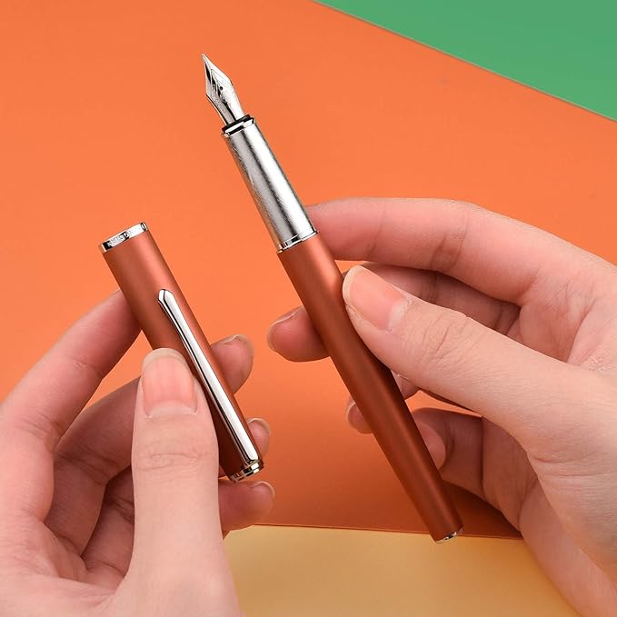 Hongdian 920 Orange Metal Fountain Pen, Iridium Extra Fine Nib Classic Pen, Includes Refillable Converter and Pen Pouch