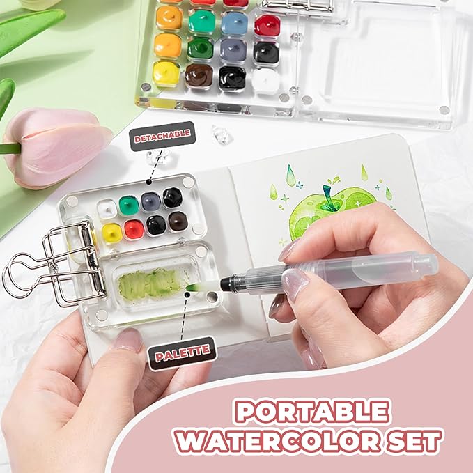 Mini Watercolor Paint Set Portable, Travel Grid Paint Palette Box with Binder Clips Include 12 Colours, Brush*3 and Picture Album Art Materials Coloring Markers for Travel, Creative Drawing Kit for Beginners and Art Enthusiasts