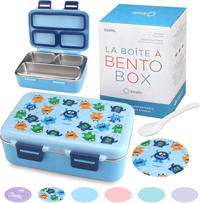 kinsho Small Stainless Steel Lunch Box for Baby Toddlers, Blue Cute Monster | Mini Bento, 3 Eco Metal Portion Sections, Silicone Seals, Leakproof Lid, Spill-Proof Boys Meal Container Daycare Pre-School