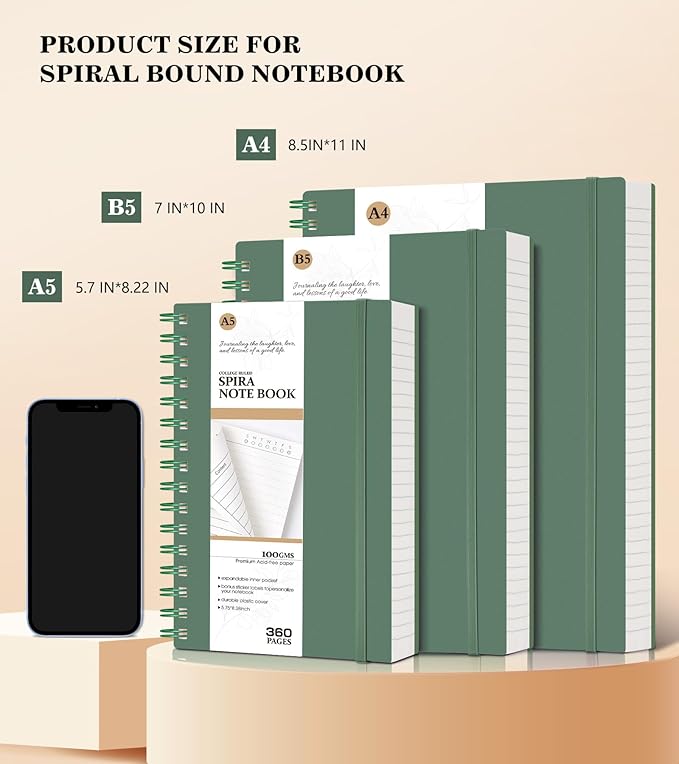 MUAHLIUB Spiral Notebook Journal College Ruled 8.5''x 11'', 360 Pages Lined Thick Journals for Women Men, A4 Large Spiral Notebooks with 100GSM Paper, Spiral Journaling for Writing Work, School Green