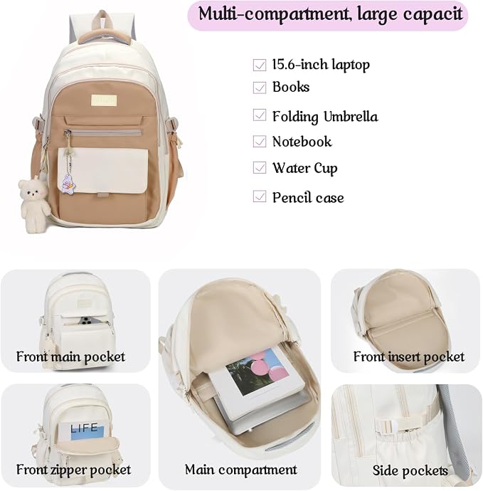 PRLINJSK Girls Backpack for College High Middle School Student, Cute Aesthetic Bookbag for Teens Women with Accessories,Khaki Beige