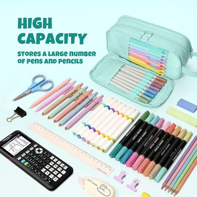 SUNEE Large Capacity Pencil Case with 3 Compartment, Extra Big Pencil Pouch, Pencil Bag with Clear Window, Pen Case School Supplies for Teens Adults Girls Boys, Mint Green
