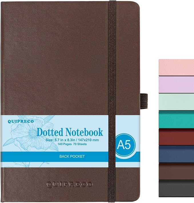 Bullet Dotted Journal Hardcover Notebook, A5 140 Pages 120Gsm Thick Paper for School,Note Taking,Work,Diary，5.7''*8.3'',Brown