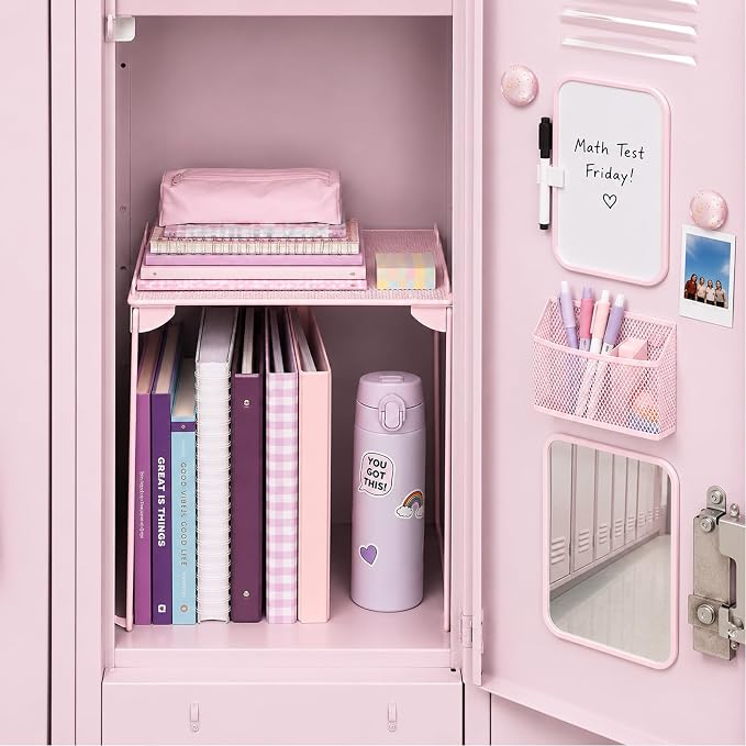 Svartur Pink Locker Accessories with Locker Shelf, Magnetic Mirror, Magnetic Pen Holder, Magnetic Small Whiteboard, Back to School Essentials Locker Decorations, 7 Piece Locker Organizer for Work