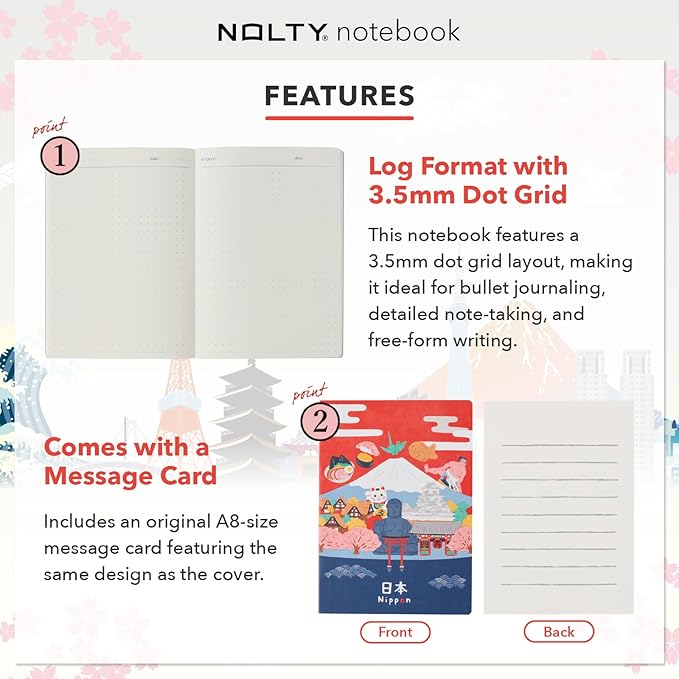 NOLTY JAPAN NOTE, A6 Notebook Featuring Japanese Design, 3.5mm Dot Grid, 80 Pages, Okinawa, JP0108