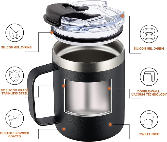 12oz Insulated Coffee Mug Cup with Handle, Stainless Steel Travel Coffee Mug with Flip Lid, Double Wall Vacuum Coffee Tumbler, Orange