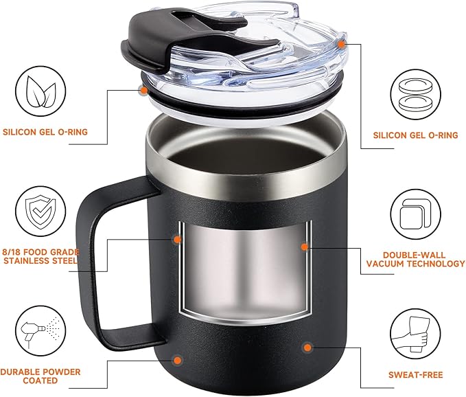 12oz Stainless Steel Insulated Coffee Mug with Handle, Double Wall Vacuum Travel Mug, Tumbler Cup with Fliping Lid, Black and Army Green