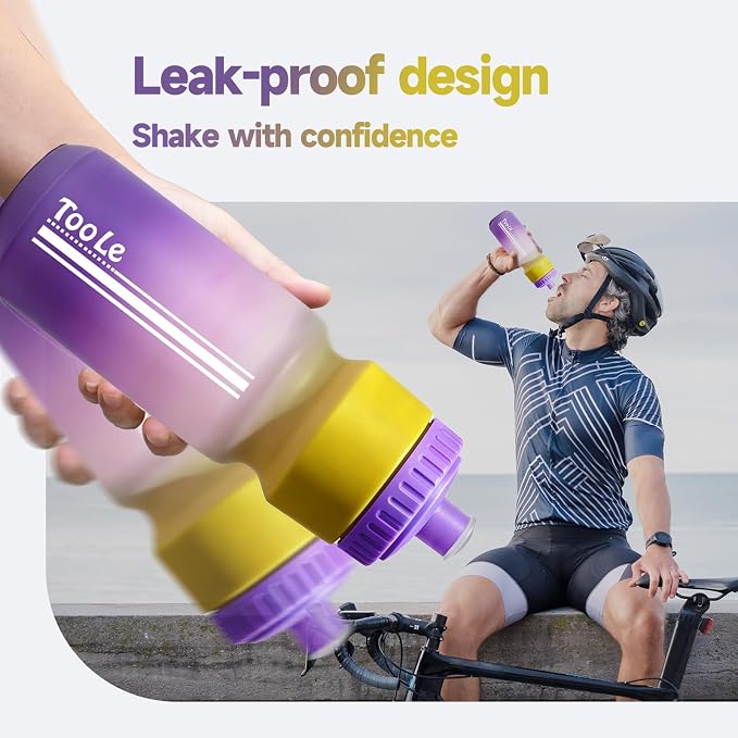 2 Pack Bike Water Bottle, Squeeze Water Bottle Leakproof BPA Free 24Oz | with Capacity Scale w/Pull Top Lid, Reusable, for Bicycle, Gym,Camping, Hiking