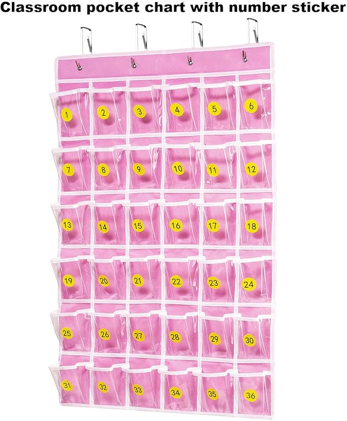 ANSTROUT 36 Clear Pockets Classroom Pocket Chart for Cell Phones, Pocket Chart Organizer for Calculator Holder with 36 Number Sticker Classroom Hanging Cell Phones Organizer (Pink)