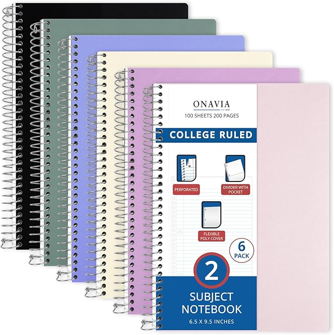 ONAVIA 2 Subject Spiral Notebook, 6 Pack, College Ruled, 6 x 9.5 in, 100 Sheets, Poly Cover, 2 Dividers and Double-Sided Pockets for Study, Assorted Colors