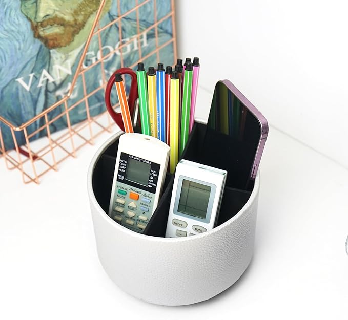 Round Leather Art Supply Organizer,Remote Control Holder,360 Degree Spinning,Multi-Functional Pencil Holder,4 Compartments Desktop Stationary Organizer(1-Lichee Silver)