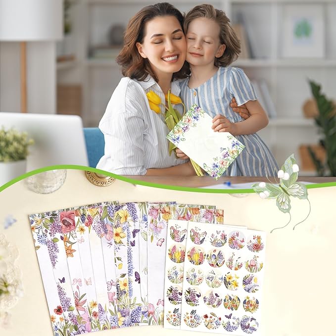 160 Pcs Stationery Paper Envelopes Set Includes 50 Writing Paper & 50 Envelopes with 60 Round Stickers, Cute Lovely Floral Letter Writing and Stationery Paper Envelopes for Girls Boy Office(10Style)