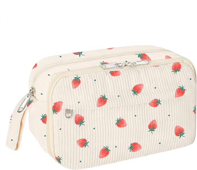 WOBAGMEN Cute Pencil Case,Large Corduroy Zippered Pencil Case Pouch, aesthetic Pencil Bag with Compartments, Pencil Pouch School Supplies (Tiny Strawberry)