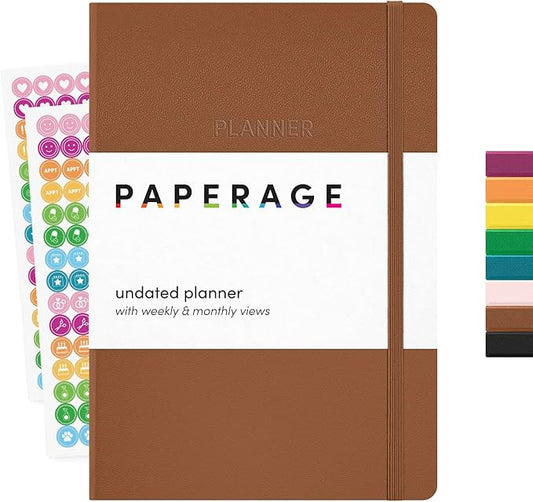 PAPERAGE Undated Weekly & Monthly Hardcover Planner (Cognac), 5.6 in x 8 in, Includes Lined Note Pages & 2 Sticker Sheets