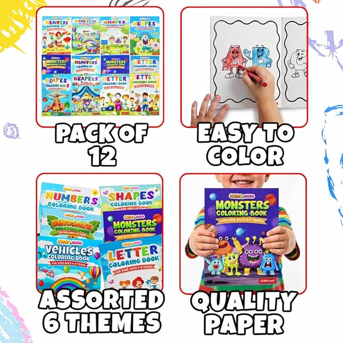 KiddieLoot Coloring Books for Kids Ages 4-8 - (Pack of 12) 8.5x11 Size Book w/Dinosaurs, Monsters, Vehicles, Alphabet, Numbers & Shapes - Kids Coloring Books Variety Set for Boys & Girls Color Gift