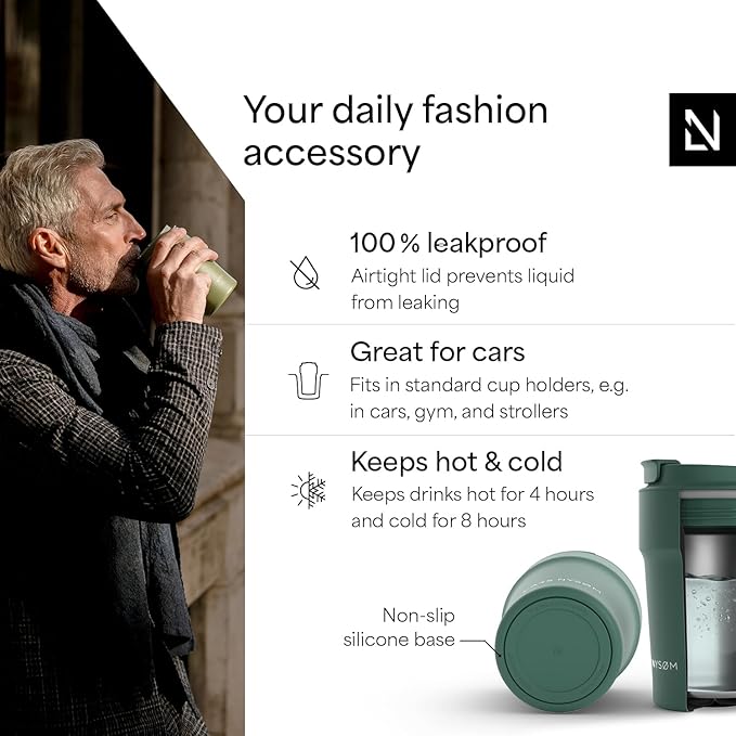 LARS NYSØM Thermo Coffee Mug to go 13oz | Travel Mug 0.38 Liter with Insulation | Silicone grip base | Leak Proof Stainless Steel Tumbler for Coffee and Tea on the Go (Powder Pine Green, 13oz)