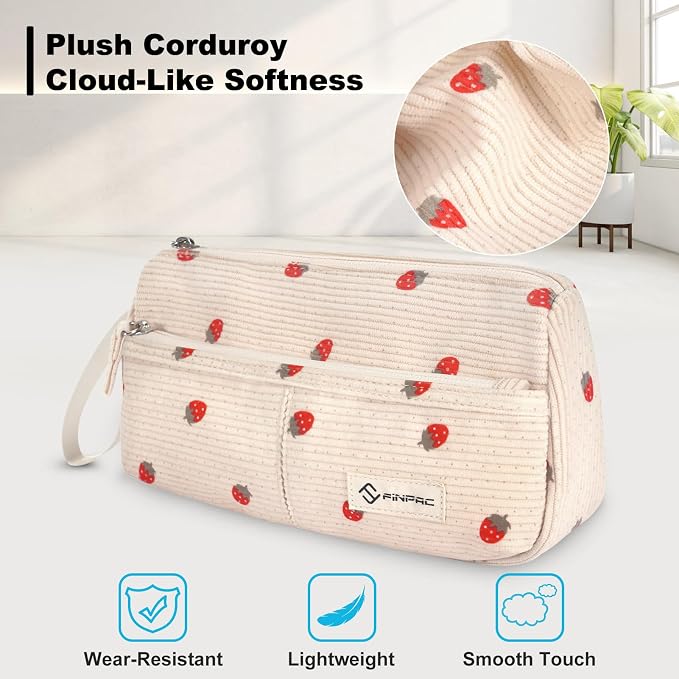 FINPAC Pencil Case, Corduroy Triangle Makeup Bag Kawaii Pen Bag Pouch | Pencil Holder Box Organize for Study, Office, or Travel, Strawberry