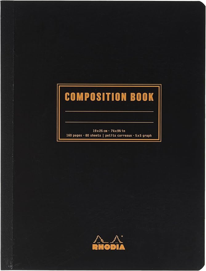 RHODIA 119229C - Flexible Notebook Cloth Back Composition Book Black - B5 - Small Squares - 160 pages - White Clairefontaine Paper 80 g/m - Classic
