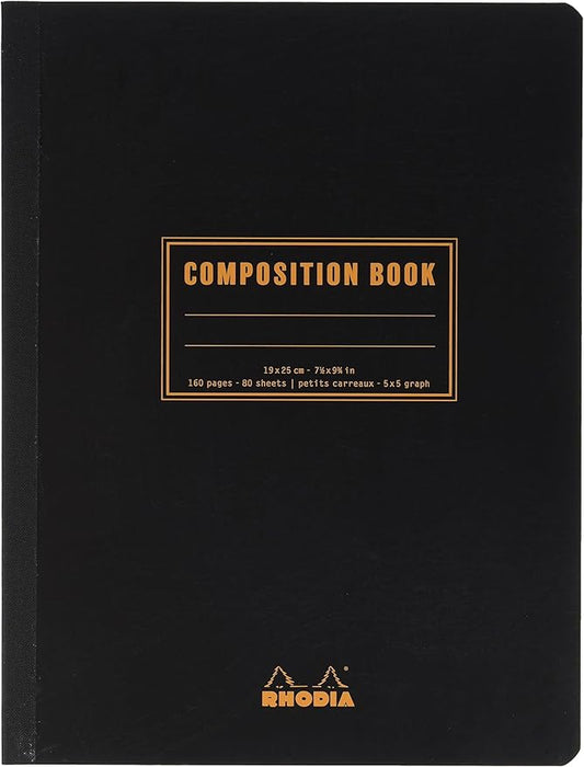 RHODIA 119229C - Flexible Notebook Cloth Back Composition Book Black - B5 - Small Squares - 160 pages - White Clairefontaine Paper 80 g/m - Classic