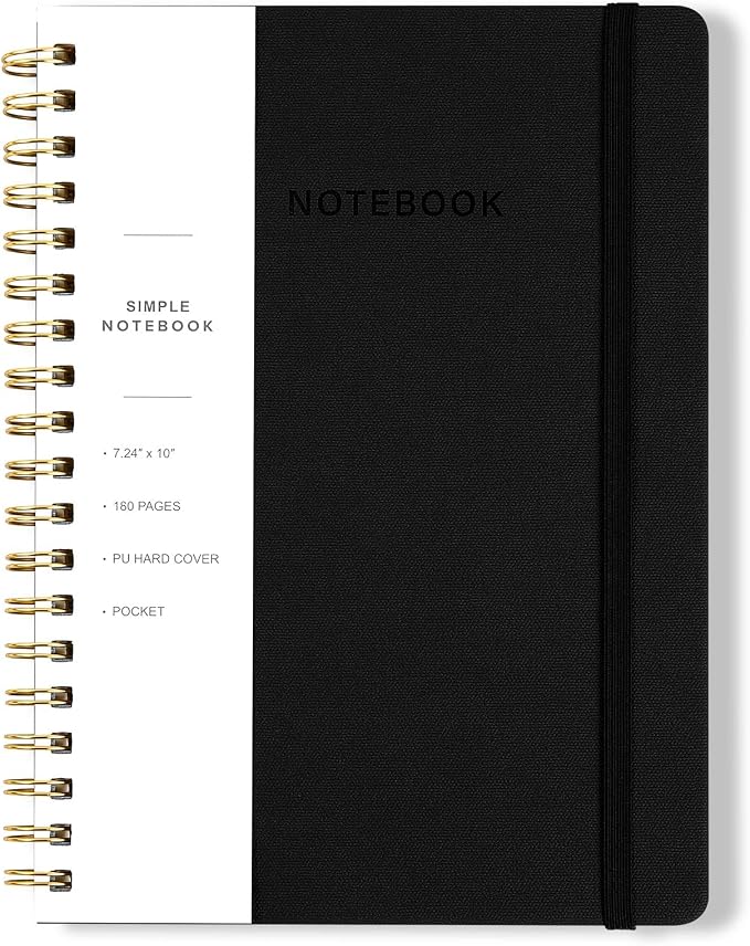 Spiral Notebook - 7.24" x 10" College Ruled Journal with Inner Pockets and 180 Pages, PU Leather Cover Business Journal, Twin-Wire Binding Notebook Perfect for Office & Home School Supplies Black