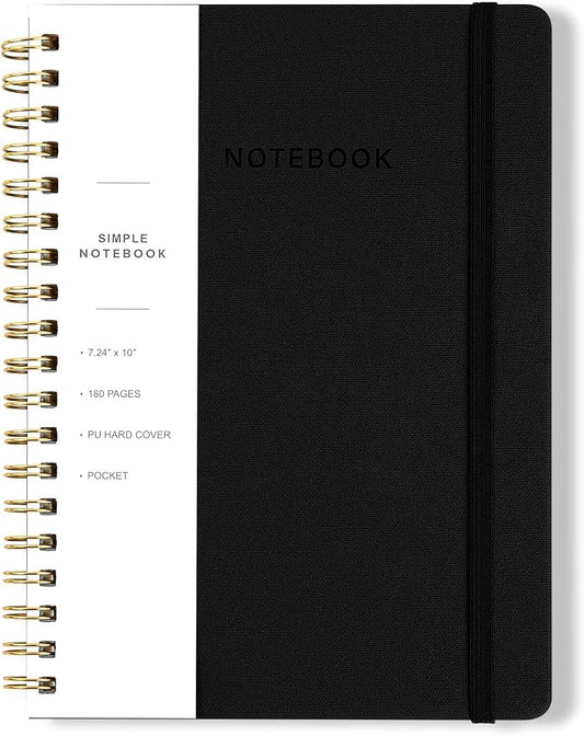 Spiral Notebook - 7.24" x 10" College Ruled Journal with Inner Pockets and 180 Pages, PU Leather Cover Business Journal, Twin-Wire Binding Notebook Perfect for Office & Home School Supplies Black