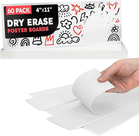Hygloss Small Dry Erase Poster Board Paper 4x11 Inch (60 Count) Single-Sided Wall White Board Dry Erase Sheets - 14 Pt. Thick Paper for Home, School, Classroom, Office, Kids Art, Menus Signs, Lists