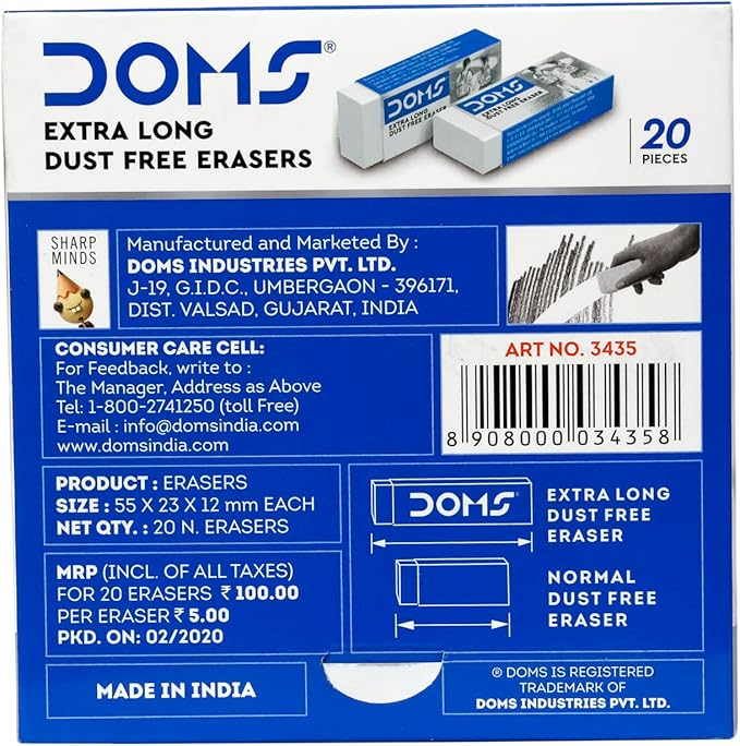 Doms 3435/3436 XL Dust Free White Eraser Pack 20 Pcs