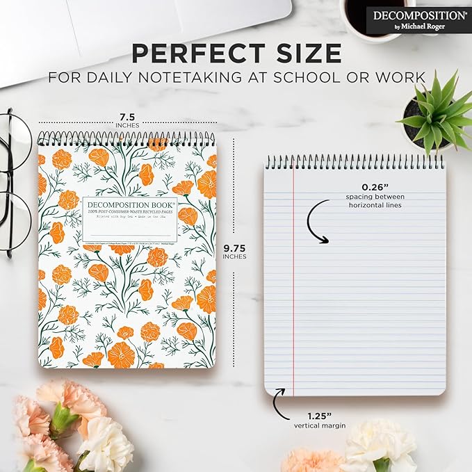 Decomposition Cali Poppies Top Bound Spiral Notebook – 7.5 x 9.75 Journal, College Ruled Lined Pages – Left-Handed Friendly Notebooks Ideal for Students, Artists & Office Professionals – Made in USA