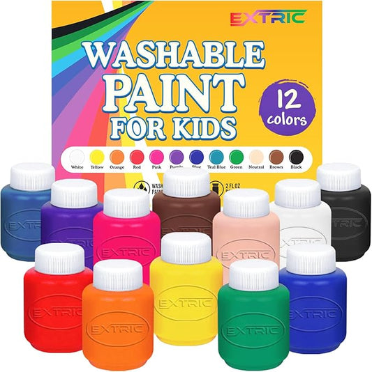 EXTRIC Washable Paint for Kids, 12-Color Tempera Kids Paint Set (2 oz Bottles) – Non-Toxic Washable Finger Paints for Toddlers & Kid Art Supplies