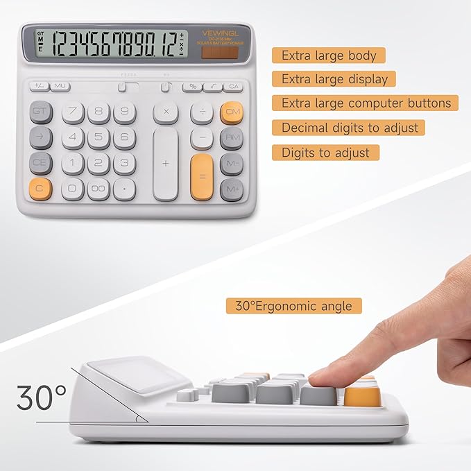 VEWINGL Desktop Calculator with Extra Large LCD Display, 12-Digit Dual Power Solar & Battery Calculator, Big Button Office Calculator for Accounting, Home, School & Business Use (Gray)