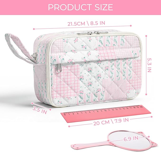 WOBAGMEN Quilted Pencil Pouch for Girls Women, Large Pencil Case Pouch with Compartments Cute Aesthetic Pencil Case Organizer, Floral Pencil Bag for School Supplies (Pink Floral pin)