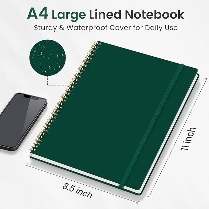 Taja Spiral Lined Notebook, 8.5"x11" Notebooks for Work, Large A4 Journal for Women & Men, College Ruled Journaling Notebook for Writing, Plastic Cover Spiral Journal, Dark Green